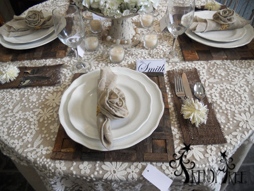 Elegant Tablescape with Natural Colors, Burlap, Lace and Deco Paper Mesh