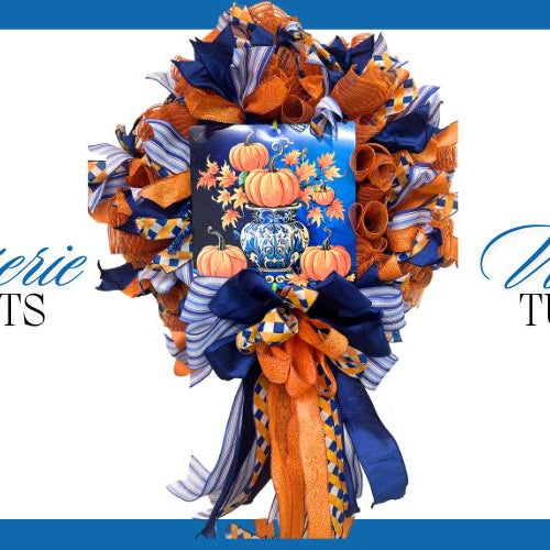 Mesh Pumpkin Wreath with Chinoiserie Accents