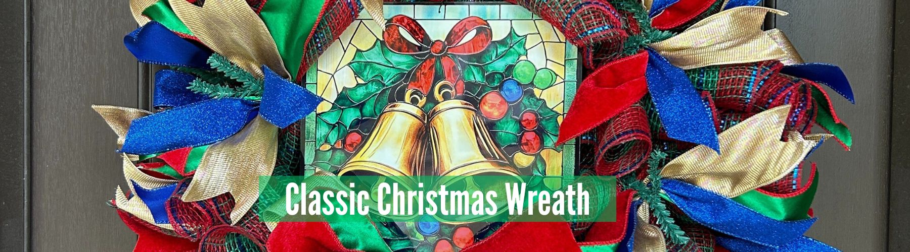 wreath tutorial for a classic Christmas wreath with exclusive Trendy Tree Gold Bell stained glass sign