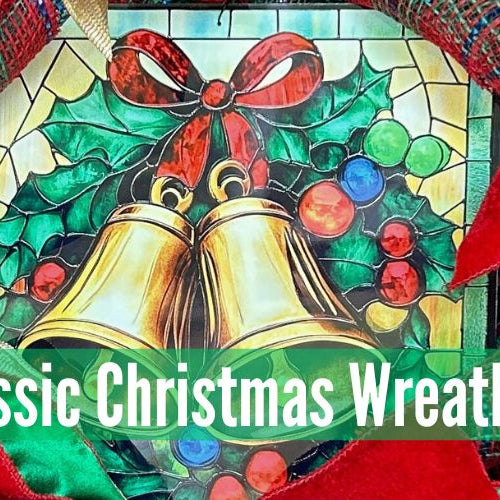 wreath tutorial for a classic Christmas wreath with exclusive Trendy Tree Gold Bell stained glass sign