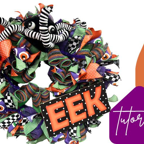 traditional halloween wreath in orange purple and lime with eek sign