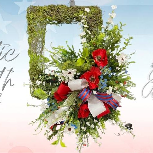 patriotic wreath on a moss rectangular form