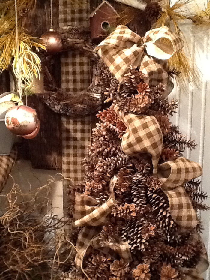 Pine Cone Tree with Burlap Check Ribbon