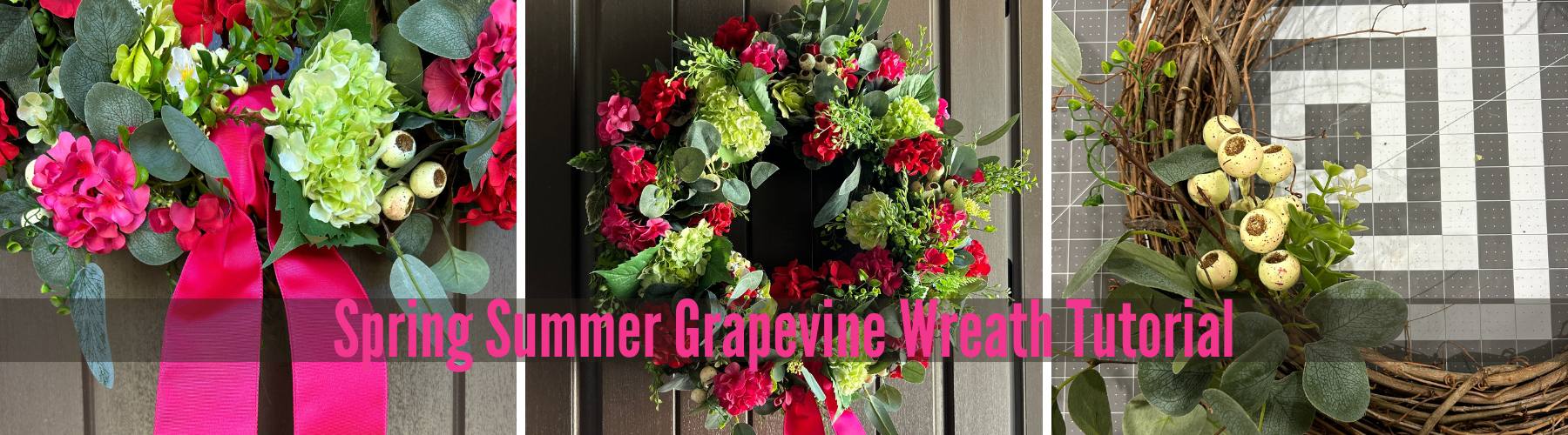 spring summer grapevine wreath with geraniums and hydrangeas