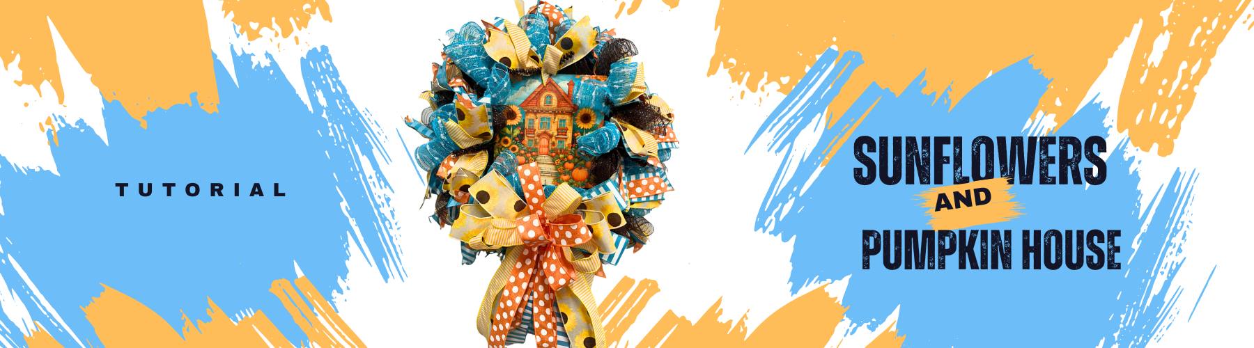 deco mesh wreath in turquoise, sunflower ribbon and house sign