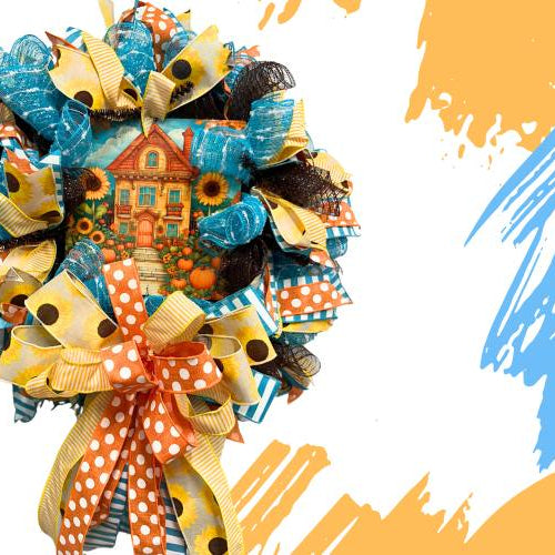 deco mesh wreath in turquoise, sunflower ribbon and house sign