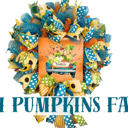 fall deco mesh wreath with truck filled with pumpkins sign