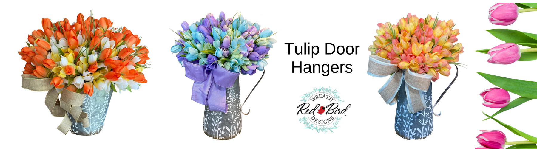 artificial spring tulips in metal half containers as a door hanger, tulip bushes in stock at trendy tree