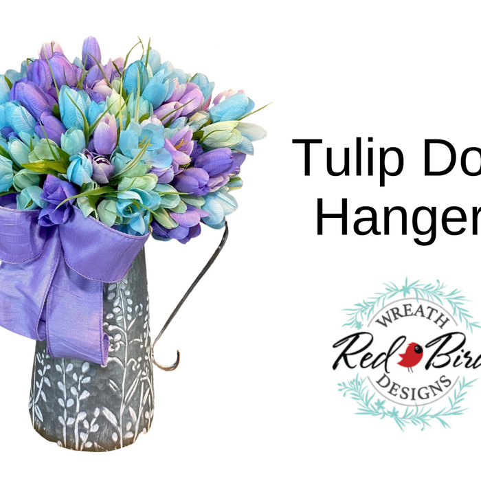 artificial spring tulips in metal half containers as a door hanger, tulip bushes in stock at trendy tree