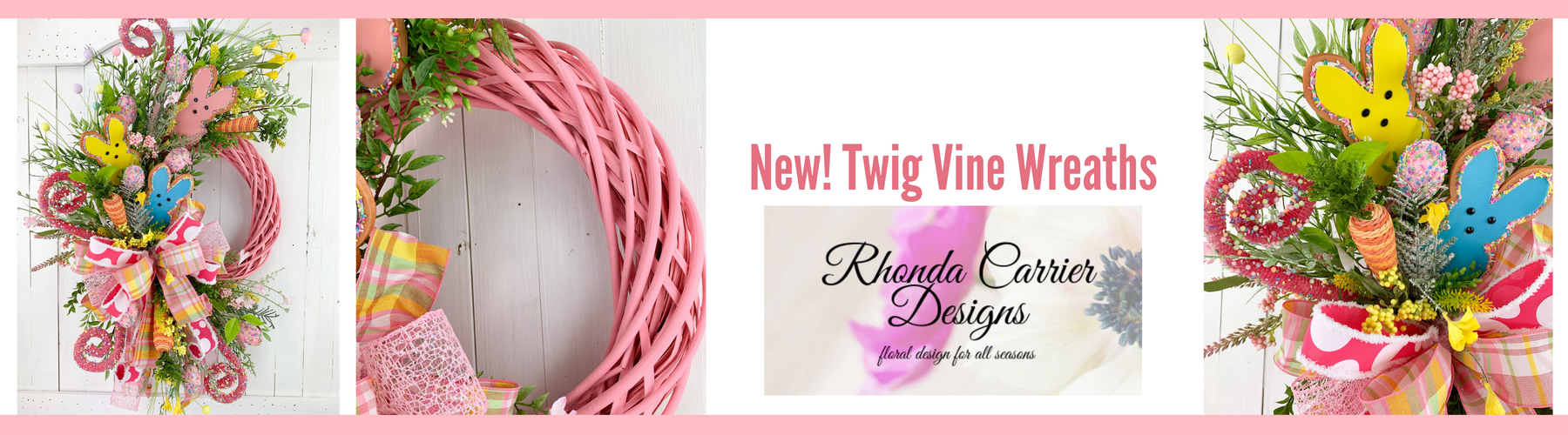 pink green white and brown twig wreaths at trendy tree