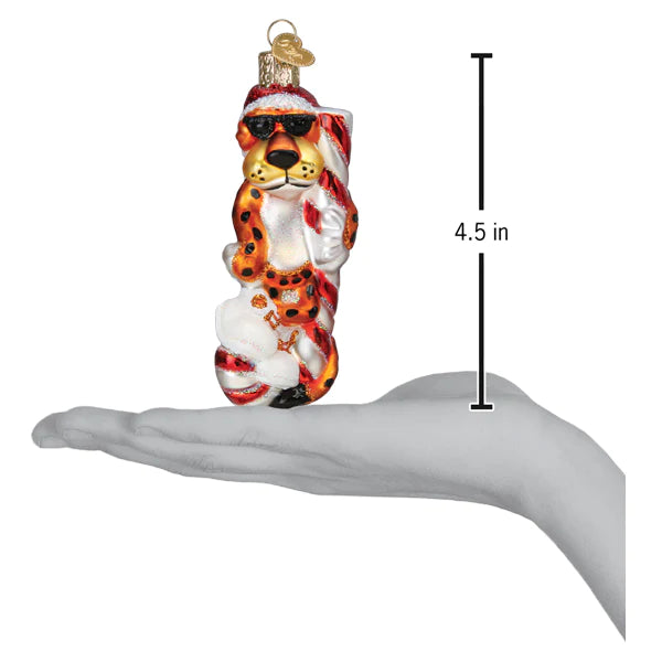 The Chester Cheetah on Candy Cane Ornament by Old World Christmas (product number 12660) depicts Chester Cheetah sporting sunglasses and a Santa hat, perched atop a festive red and white candy cane, and measures 4.5 inches tall.