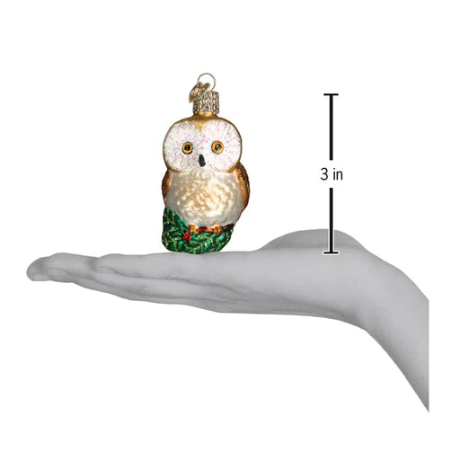 A hand holds a charming 3-inch Christmas Owl Ornament from Old World Christmas, product number 16094. The owl, representing wisdom, is decorated with a shiny, textured surface and wears a tiny hat. It features brown, white, and green hues with detailed touches on its face and body.