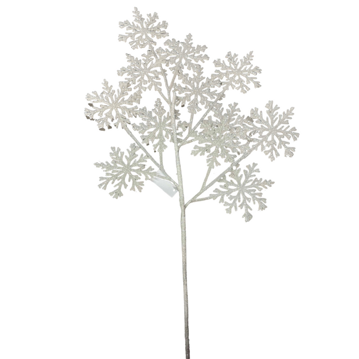 The 24 In Snowflake Spray 20049 showcases decorative white branches embellished with intricate glittery snowflakes, all beautifully set against a pristine white backdrop.