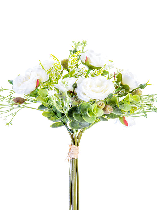 The 11 Cream Miniature Rose and Eucalyptus Bundle 2221029CR features white roses, eucalyptus, and small buds, all tied with light brown twine on a plain cream background.