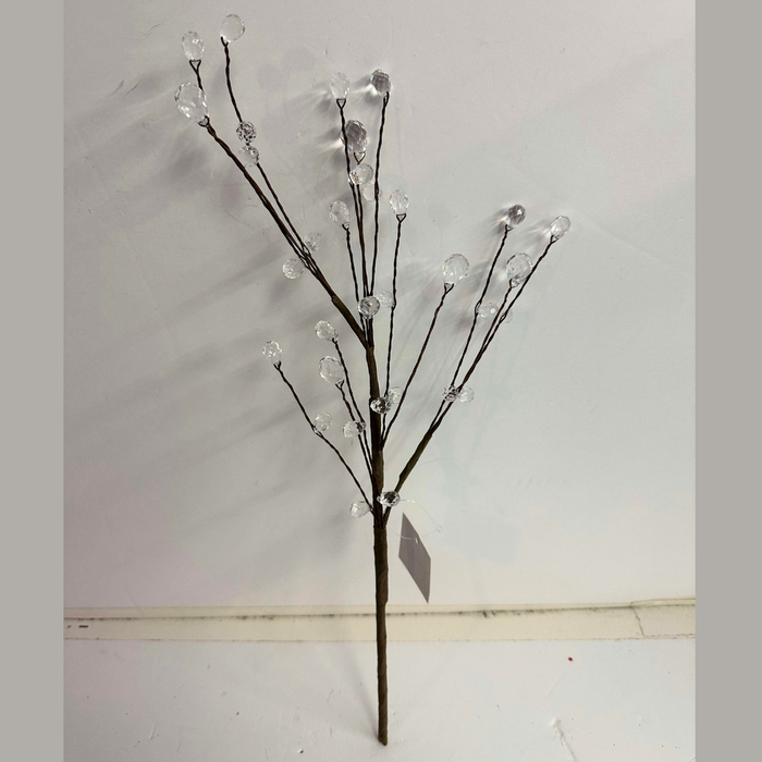 The 16" Clear Acrylic Berries Pick 29787 is a decorative branch with multiple thin stems, each adorned with teardrop-shaped crystal embellishments and set against a plain white background.