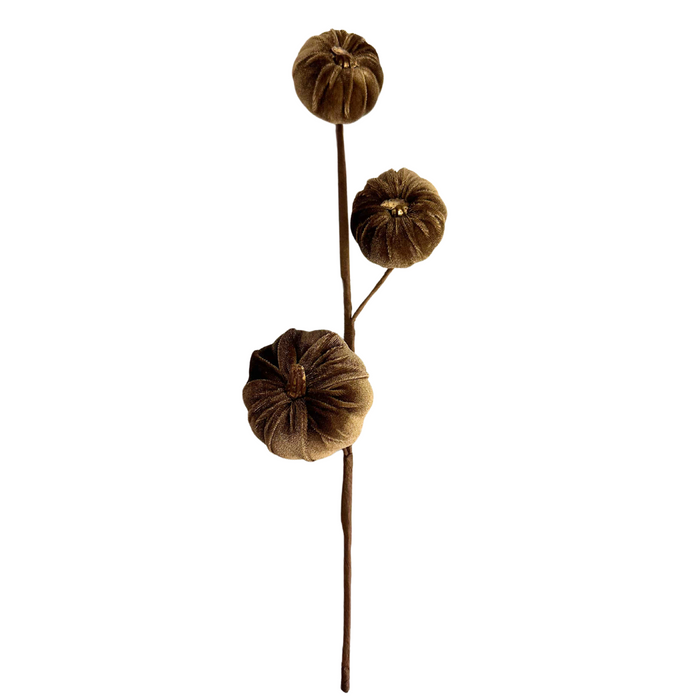 15" Brown Velvet Gold Stem Mini Pumpkins Pick 31352