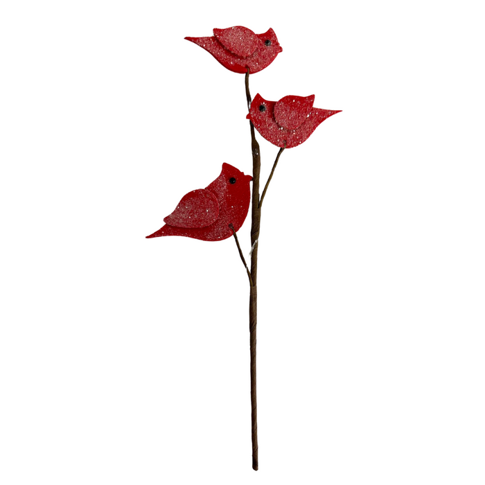 The 14" Red Felt Cardinal with Sparkles Pick 31991 showcases three perched red cardinals, each with black beaded eyes. These felt birds are evenly distributed along the brown stem, their simple yet elegant design enhanced by subtle sparkles against a white background.