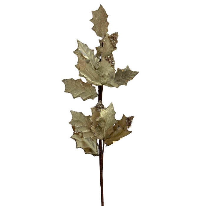 The 27" Champagne Metallic and Sugared Holly Leaves and Berries Spray 32230 features a decorative stem with gold-glittered holly leaves on a brown branch, highlighted by a mix of large and small metallic holly leaves and complemented by a sugared berries spray.