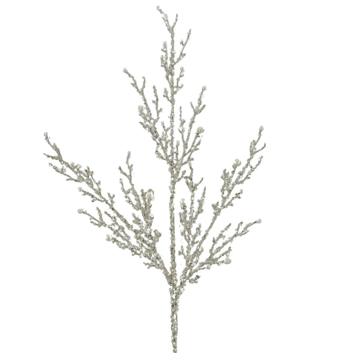 The 33.5" Iced Twig Pearl Spray 40097-Silver is a decorative branch, adorned with silver glitter and featuring multiple slender, textured offshoots against a plain white background.