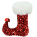 red glittered elf boot shoe with white faux fur trim, jingle bell on toe