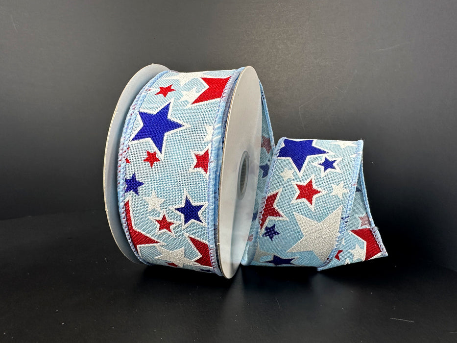 1.5"X10Y Lt Blue Navy Red White Linen Glitter Stars Ribbon 41503-09-04