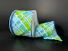 A roll of 2.5X10Y Aqua Lime Turquoise White Diagonal Cabot Printed Plaid Ribbon (41523-40-25) is against a black background, partially unfurled to display its vibrant design and thin blue border.