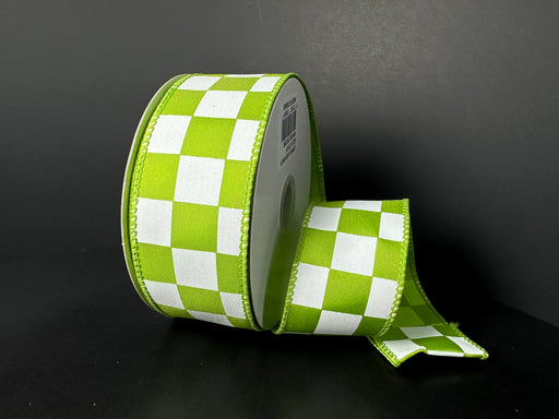 A partially unrolled spool of 1.5X10Y Lime White Satin Racechex Ribbon 41531-09-29, featuring a checkered pattern and woven texture, is set against a dark background, showcasing its bright lime white color scheme.