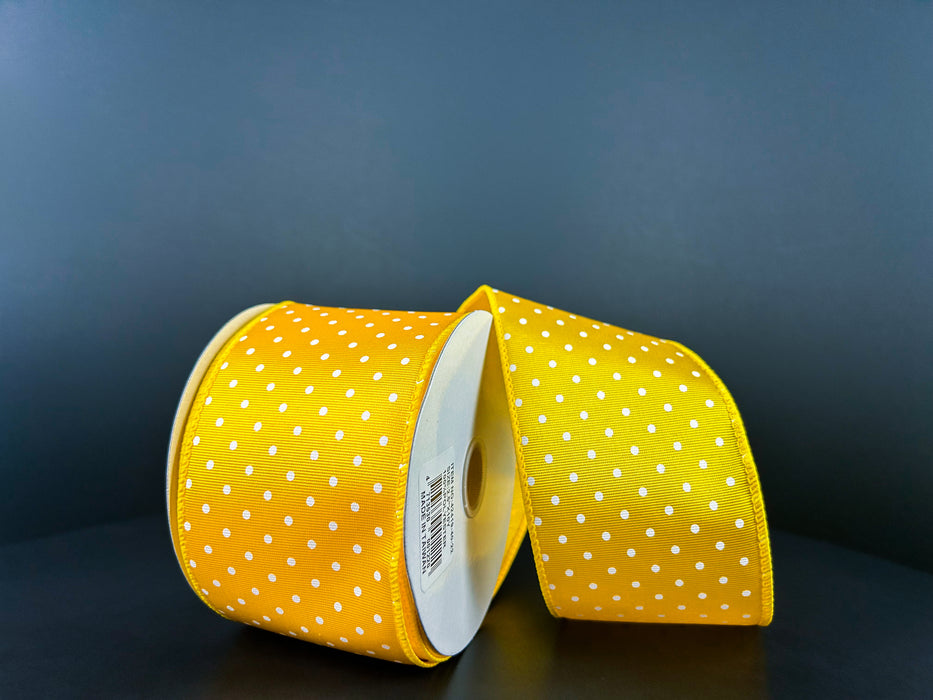 2.5"X10Y Yellow Ribbed Satin/White Microdots Ribbon 42419-40-22