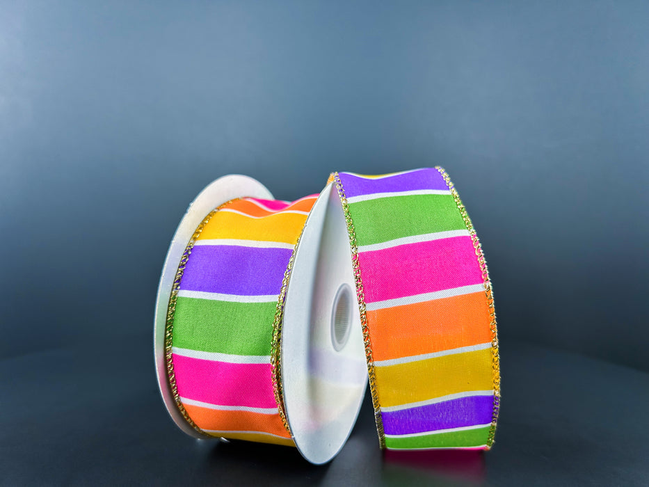 1.5"X10Y Orange-Yellow-Fuchsia-Lime-Purple Wide Stripe/Gold Edge Ribbon 42423-09-11