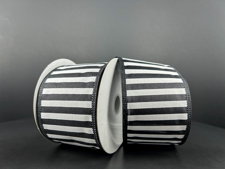 2.5"X10Y Black Satin-White Stripes/Black Edge Ribbon 46425-40-21