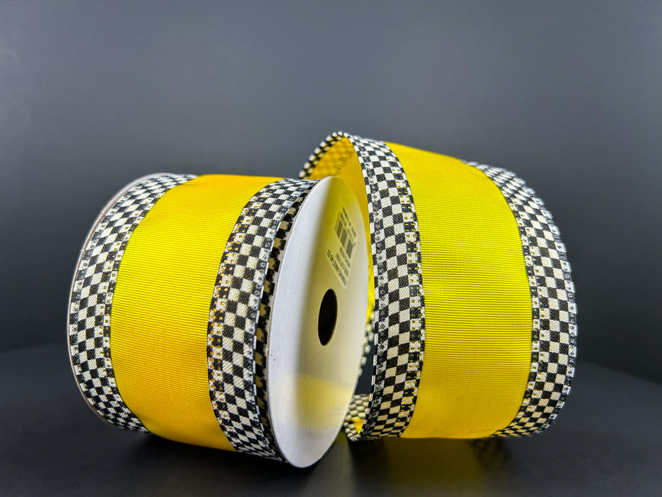 2.5"X10Y Daffodil Ribbed Satin/Black And White Check Edge Ribbon 46427-40-22