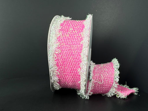 Two spools of 2.5X 5Y Pink Iridescent Loopy Edge Ribbon (47509-40-03) with a frayed texture on a black background, partially unrolled to display its intricate, fluffy edges.