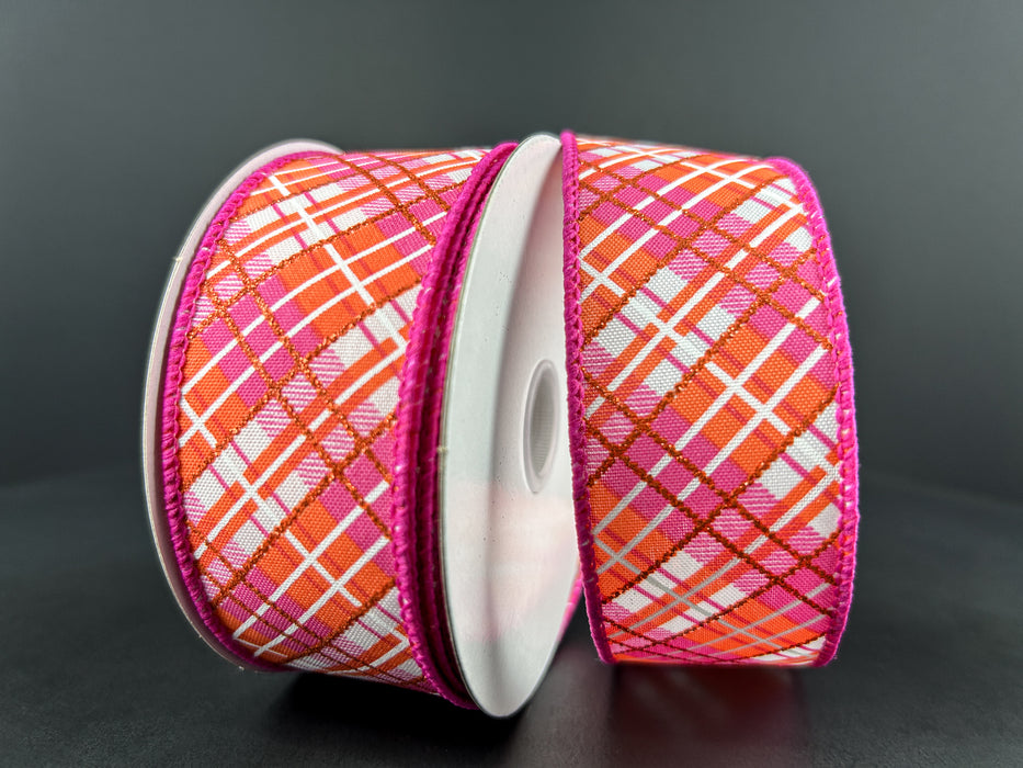 1.5"X10Y White-Orange-Fuchsia Busy Diagonal Plaid Ribbon 51401-09-28