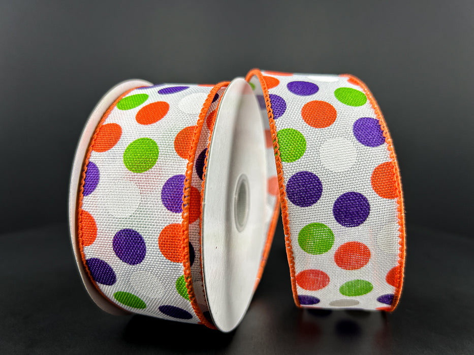 1.5"X10Y White Linen/Purple-Lime-Orange Dots Ribbon 51407-09-01