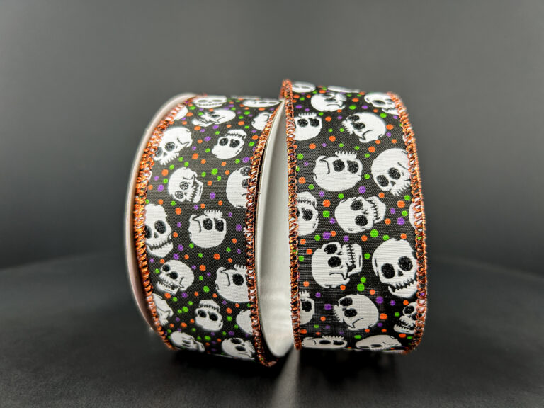 1.5"X10Y Black Satin/Purplele-Orange-Lime Dots/White Skulls Ribbon 51411-09-19