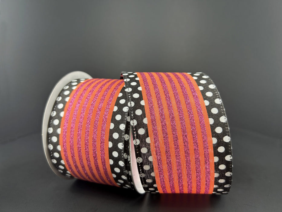 2.5"X10Y Orange-Fuchsia Glitter Cabana/Black-White Dot Edge Ribbon 56423-40-28