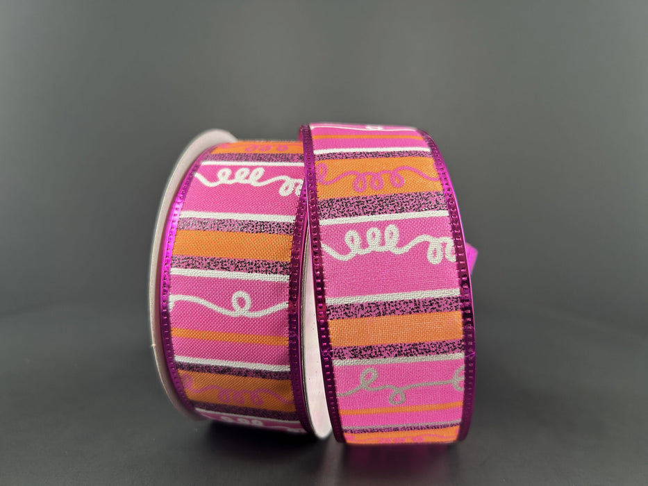 1.5"X10Y Orange-Fuchsia-White-Black Glitter Loopy Stripes Ribbon 56424-09-44