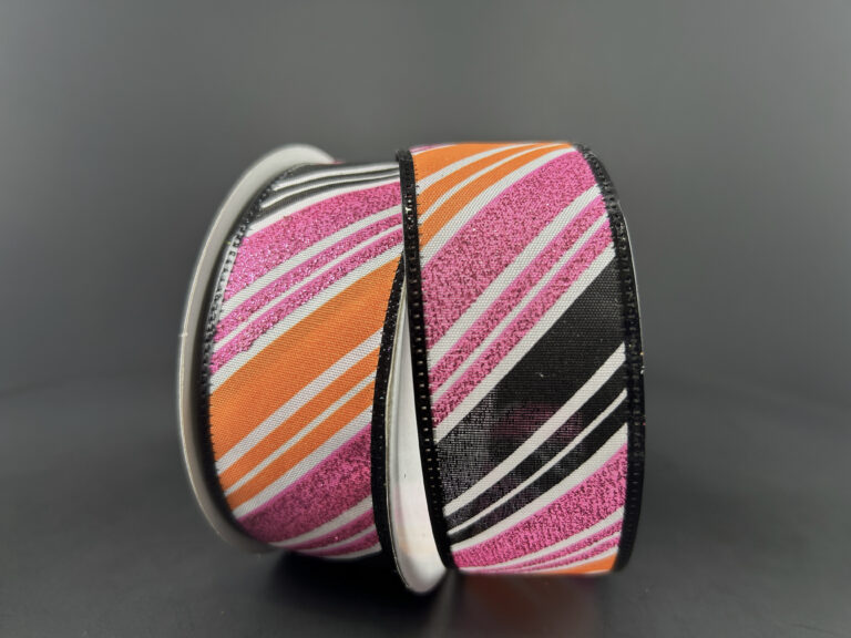 1.5"X10Y White Satin/Black-Orange-Fuchsia Glitter Diagonal Stripe Ribbon 56425-09-03