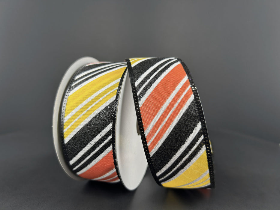 1.5"X10Y White Satin/Yellow-Orange-Black Glitter Diagonal Stripe Ribbon 56425-09-22