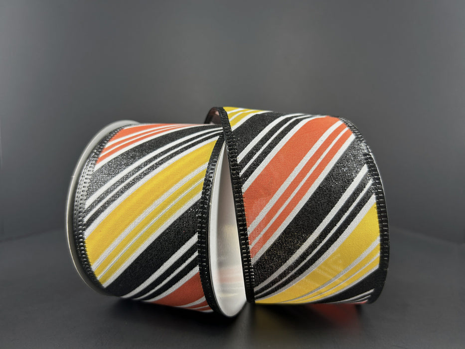 2.5"X10Y White Satin/Yellow-Orange-Black Glitter Diagonal Stripe Ribbon 56425-40-22