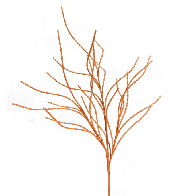 A collection of slender, dry twigs with a natural, leafless look is arranged in a 30" fan shape against a plain background. The 30" Orange Glitter Twig Spray (product code: 57169OR) features branches extending in various directions with light brown and orange tones, enhanced by a subtle sparkle to complete the design.