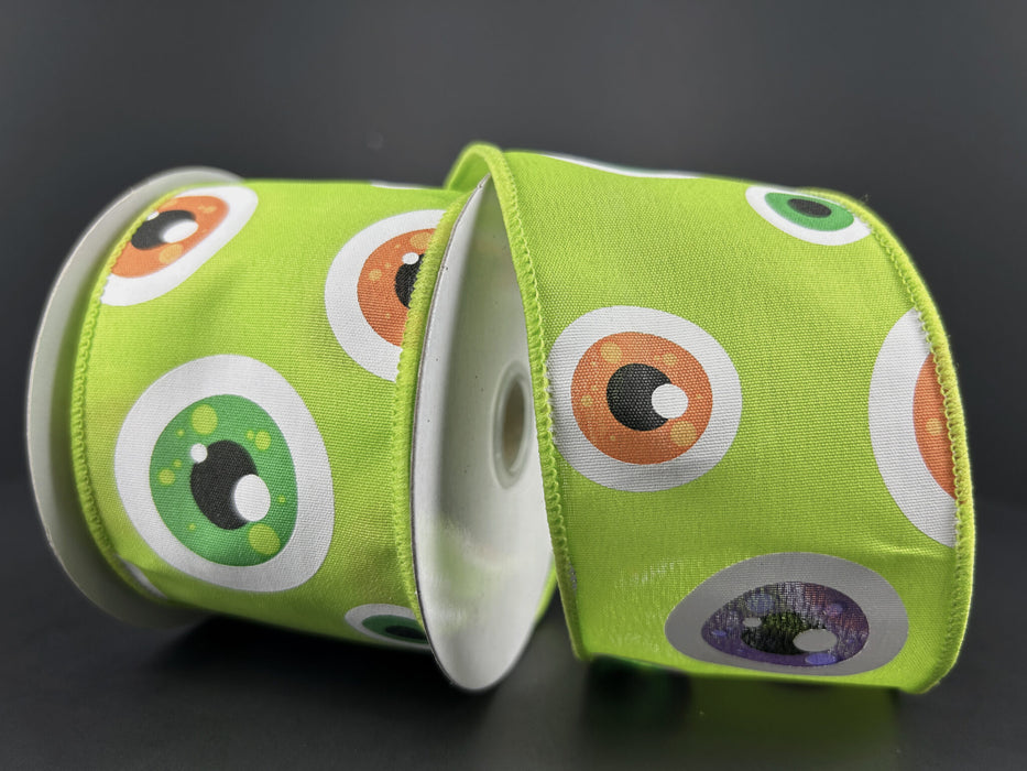 2.5"X10Y Lime Satin/Halloween Googly Eyes Ribbon 58440-40-09