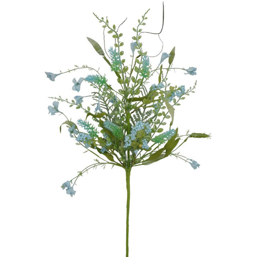 The 23" Turquoise Lavender Berry Spray 60919-TQ is a delicate bouquet composed of turquoise lavender, small blue flowers with feathery green leaves, spiraling stems, and a subtle berry spray.