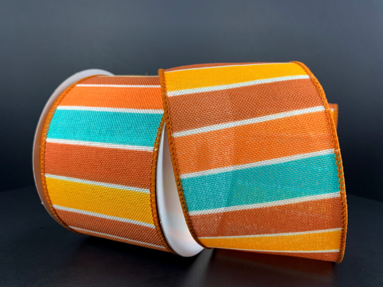 2.5"X10Y Aqua-Orange-Rust-Yellow-White Stripe Linen Ribbon 61317-40-45