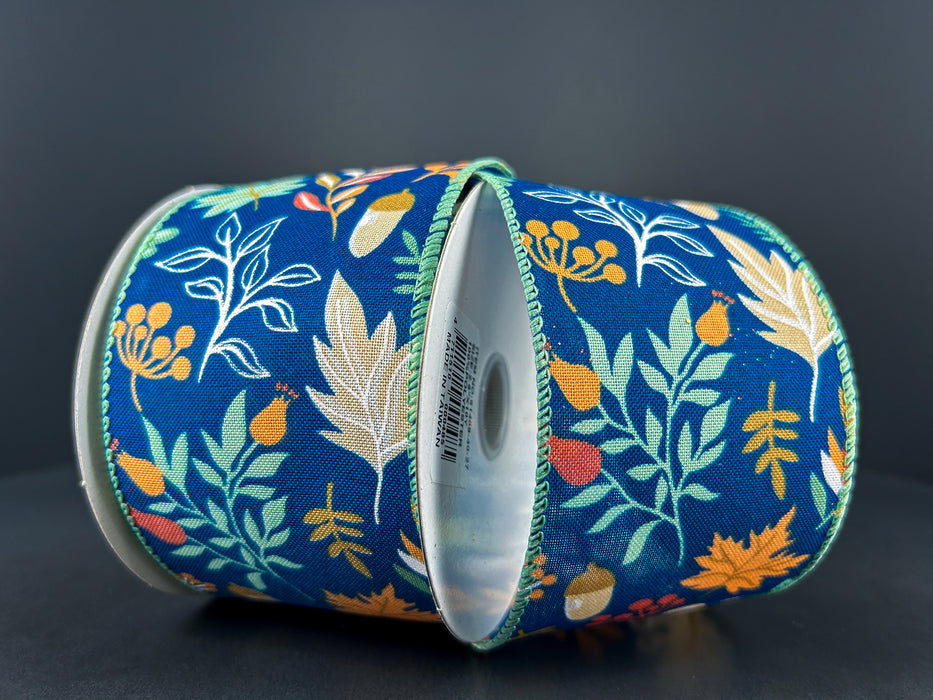 2.5"X10Y Navy Linen/Rust-Teal Fall Foliage Ribbon 61408-40-27