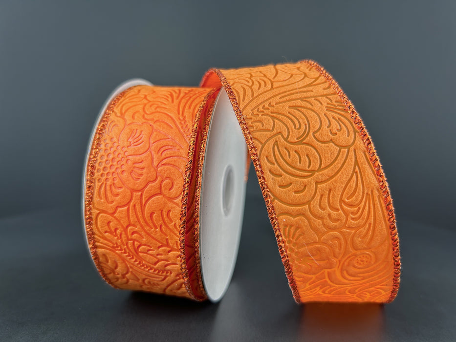 1.5"X10Y Orange Flower Embossed Metallic Edge Ribbon 61426-09-19