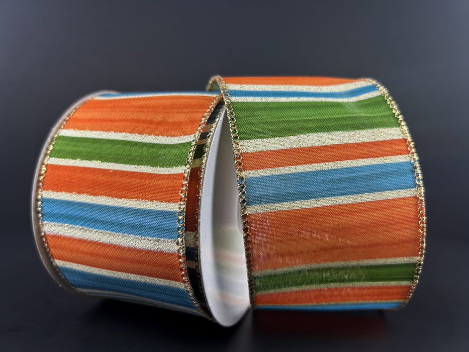 2.5"X10Y Rust-Blue-Moss-Gold Glitter Painted Stripes Ribbon 61427-40-05