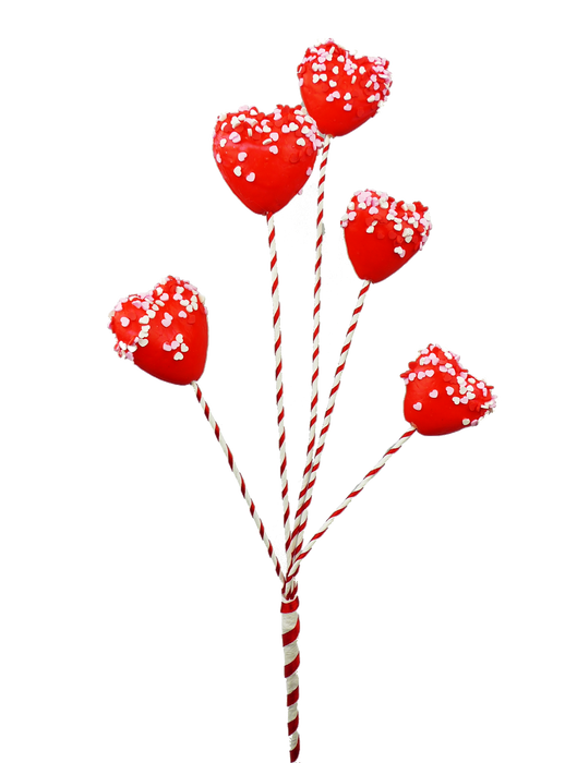 Five heart-shaped cake pops in a shade akin to the red found in the 20" Red Sprinkle Heart Marshmallow Spray with 5 Stems 62902RD, adorned with white sprinkles on striped sticks, set against a black background.