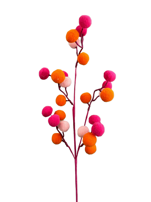 The 28" Hot Pink and Orange Felt Ball Spray with 3 Stems (63410BTOR) features a branch decorated with vibrant, fluffy pom-poms in hot pink, orange, and white against a black background.