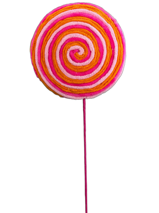 The 20" by 6.5" Hot Pink and Orange Lollipop Pick (63456BTOR) features a striking combination of hot pink, orange, and white spiral patterns on a pink stick, set against a black background.